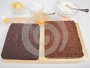 Gingerbread cake split horizontally ready to fill