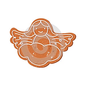 Gingerbread christmas angel on cloud isolated on a white background. New Year and Christmas gingerbread. Winter homemade