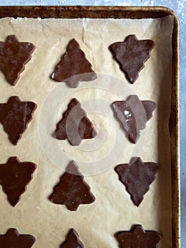 Gingerbread Christmas cookie dough in tree shapes on baking sheet