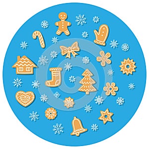 Gingerbread Christmas cookies pattern in the bright blue round vector illustration