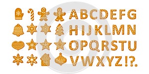 Gingerbread Christmas cookies set with stars snowflakes Christmas tree and ginger man and alphabet