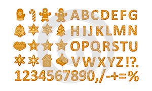 Gingerbread Christmas cookies set with stars snowflakes Christmas tree and ginger man, alphabet and numbers vector