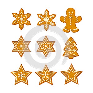 Gingerbread Christmas cookies set with stars snowflakes Christmas tree and ginger man vector