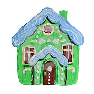 Gingerbread Christmas creamy house or dollhouse sweet pastry cookie hut on white.