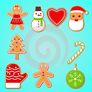Gingerbread. Christmas gingerbreads santa and cane, xmas tree, ginger cake man, snowflake, snowman and sock, home and