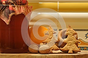 Gingerbread for Christmas. Honey and molds for cakes and walnuts