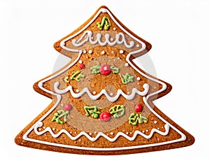 Gingerbread Christmas Tree Cookie Intricate Icing Details Isolated on White Background
