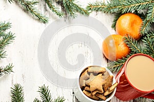 Gingerbread Cookie. Cup of coffee. NewYear mood. Tangerines