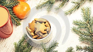 Gingerbread Cookie. Cup of coffee. Tangerines. NewYear mood