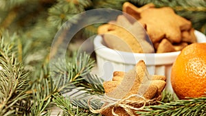 Gingerbread Cookie. Delicious tangerine. Fir branch. NewYear. Sm