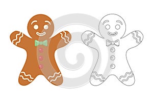 Gingerbread cookie isolated on white background. Colorful and black and white gingerbread for coloring book.