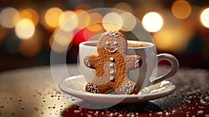 Gingerbread cookie man in a cup of hot chocolate or cappuccino. Generative Ai