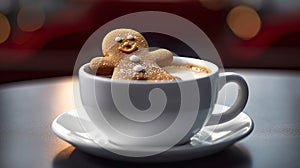 Gingerbread cookie man in a cup of hot chocolate or cappuccino. Generative Ai