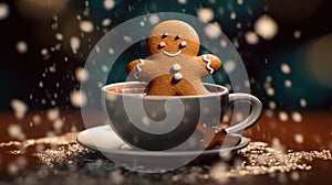 Gingerbread cookie man in a cup of hot chocolate or cappuccino. Generative Ai