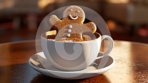 Gingerbread cookie man in a cup of hot chocolate or cappuccino. Generative Ai