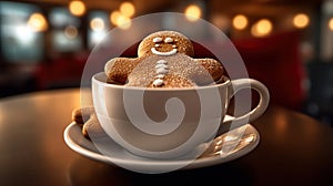 Gingerbread cookie man in a cup of hot chocolate or cappuccino. Generative Ai