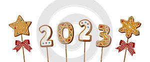 Gingerbread cookie numerals on sticks with phrase 2023 in cartoon style. Sweet biscuit star and snowflake in new year