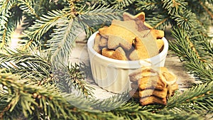 Gingerbread Cookie. Small stars. NewYear. Fir branch