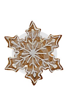 Gingerbread cookie in snowflake shape isolated on white background