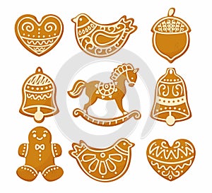 Gingerbread Cookies as Winter Homemade Sweet Snack with Sugar Glaze Vector Set