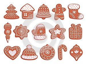 Gingerbread cookies. Christmas bread, ornament ginger biscuits with glaze decoration. Isolated holiday sweet cakes, xmas