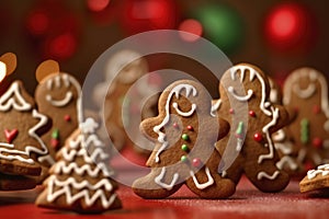 gingerbread cookies come alive with vibrant decorations on a festive red backdrop.Ai generated