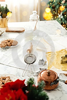 Gingerbread cookies on decorated kitchen near christmas tree. Vertical background