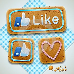 Gingerbread cookies, Like, Thumbs Up, heart shape icons set, tablecloth background, Christmas collection