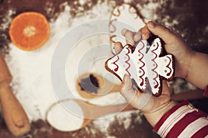 Gingerbread cookies, spices and flour over wooden background