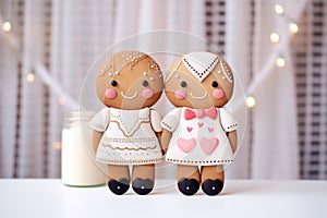 gingerbread couple with arms entwined and icing smiles