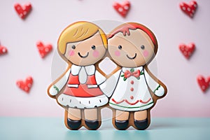 gingerbread couple with arms entwined and icing smiles