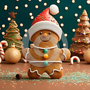 Gingerbread cute santa cookie with sprinkles & butter cream in a background of christmas decorations. photo
