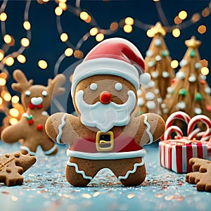 Gingerbread cute santa cookie with sprinkles & butter cream in a background of christmas decorations. photo