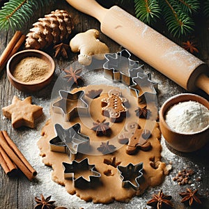 Gingerbread dough with metal cutters in different shapes for christmas cookies and wooden rolling pin, anise, ginger, cinnamon,