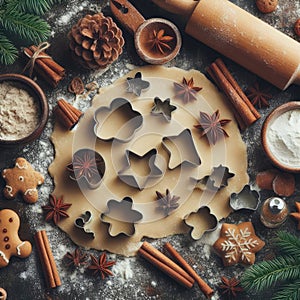 Gingerbread dough with metal cutters in different shapes for christmas cookies and wooden rolling pin, anise, ginger, cinnamon,