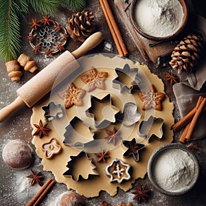 Gingerbread dough with metal cutters in different shapes for christmas cookies and wooden rolling pin, anise, ginger, cinnamon,