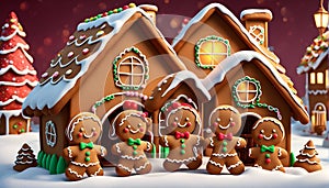 Gingerbread family. Gingerbread house scene. Christmas and New Year background. Digital AI.