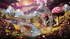 Gingerbread fantasy house. Colorful dreamlike sweet world with lollies. Fantasy landscape with castle in a candy world. Generative