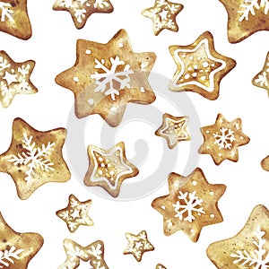 Gingerbread. Hand drawn watercolor seamless pattern traditional cookies with icing sugar, gingerbread star and snowflake. Elements