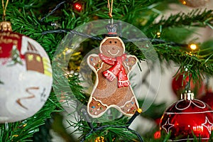 Gingerbread hanging on christmas tree with balls and lights