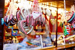 Gingerbread Hearts at German Christmas Market. Nuremberg, Munich, Berlin, Hamburg xmas market in Germany. On traditional