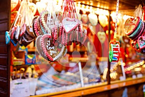 Gingerbread Hearts at German Christmas Market. Nuremberg, Munich, Berlin, Hamburg xmas market in Germany. On traditional