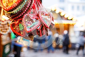 Gingerbread Hearts at German Christmas Market. Nuremberg, Munich, Berlin, Hamburg xmas market in Germany. On traditional