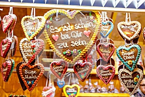 Gingerbread Hearts at German Christmas Market. Nuremberg, Munich, Fulda, Berlin, Hamburg xmas market in Germany. In