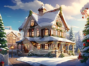 Gingerbread house. Abstract Xmas background, anime styled