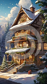 Gingerbread house. Abstract Xmas background, anime styled