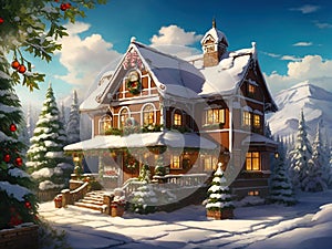 Gingerbread house. Abstract Xmas background, anime styled