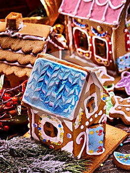 Gingerbread House with blue roof in foreground.