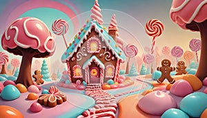 Gingerbread house in candy wonderland, Generative AI