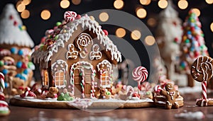 gingerbread house with christmas decoration A gingerbread house in a candy land. The house is made of cookies and frosting